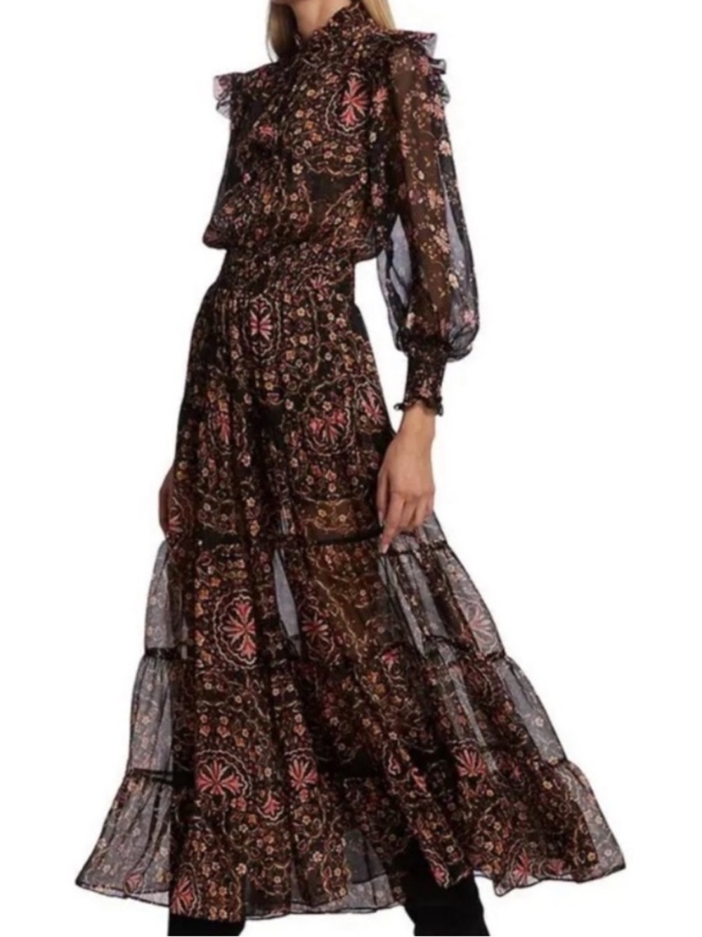 MISA Los Angeles Anisah Floral Chiffon Tiered Maxi Dress S